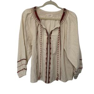 Lucky Brand Cream and Red Embroidered Blouse